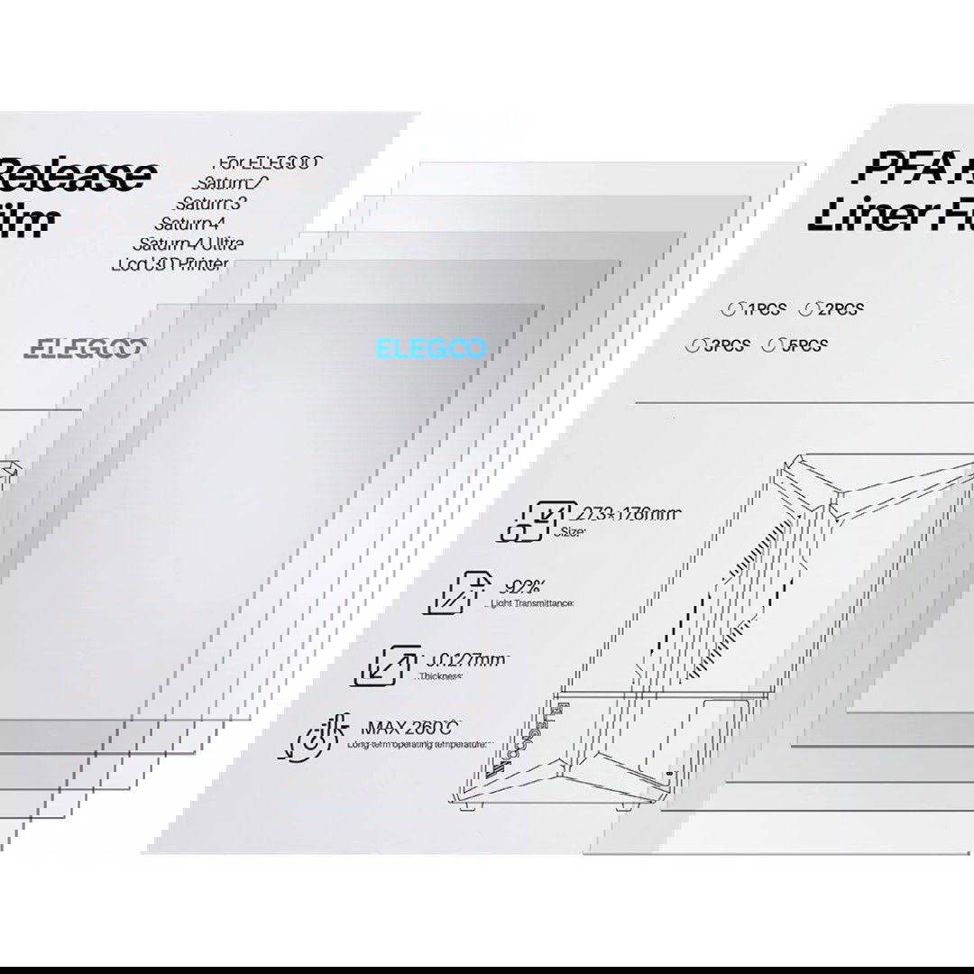 PFA film for Elegoo Saturn 3D printers - 273x176mm - 5pcs.