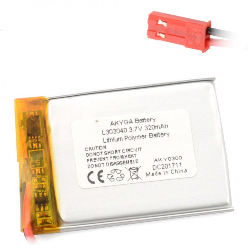 Battery Li-Pol Akyga 320mAh 1S 3.7V - JST-BEC connector + socket