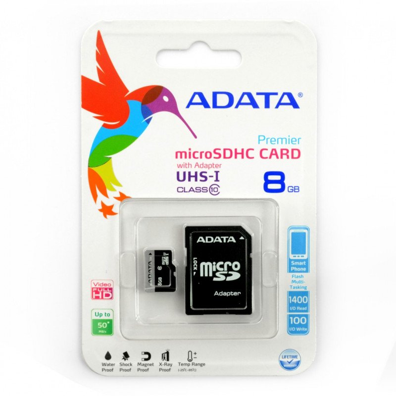 Adata microSD memory card 8GB 50MB/s UHS-I class 10 with adapter