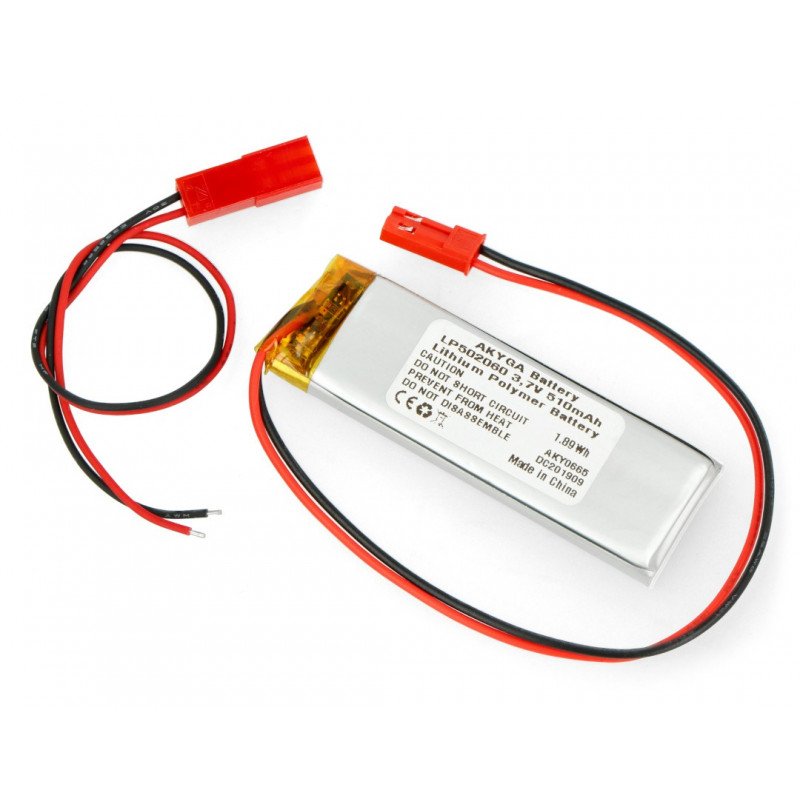 Li-Pol Akyga 3.7V 1S 510mAh battery pack, connector + socket 2.54 JST - 2 pins