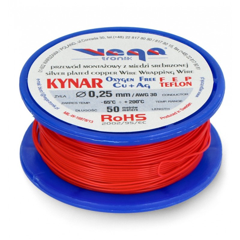 KYNAR Silver plated copper mounting cable - 0,25 mm/AWG 30 - red - 50m