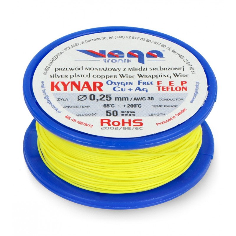 Mounting cable Kynar silver plated copper - 0,25mm/AWG 30 - yellow - 50m