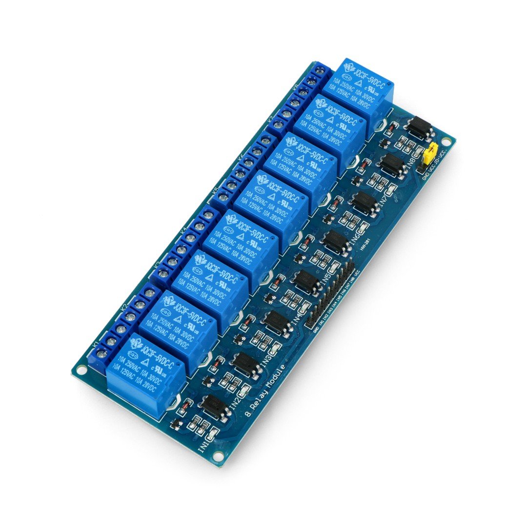 Relays module, 8 channels with opto-isolation  - 10A/250VAC contacts - 5V coil - blue