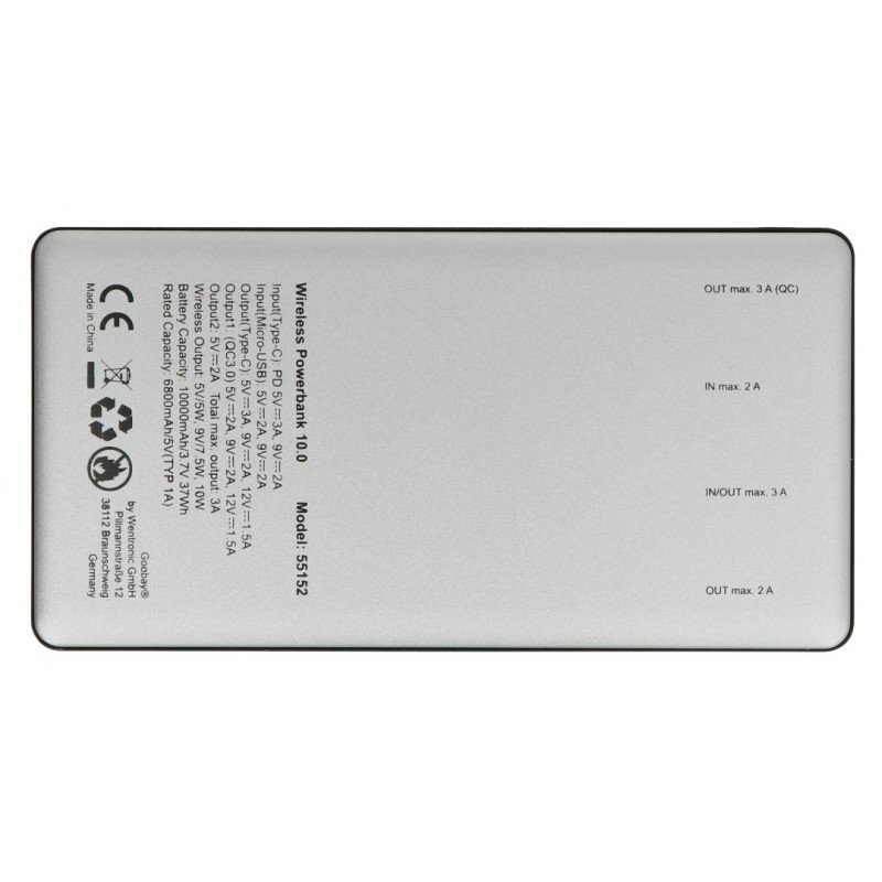 Mobile PowerBank Goobay Wireless 10.0 55152 Quick Charge 3.0 10000mAh - grey - black