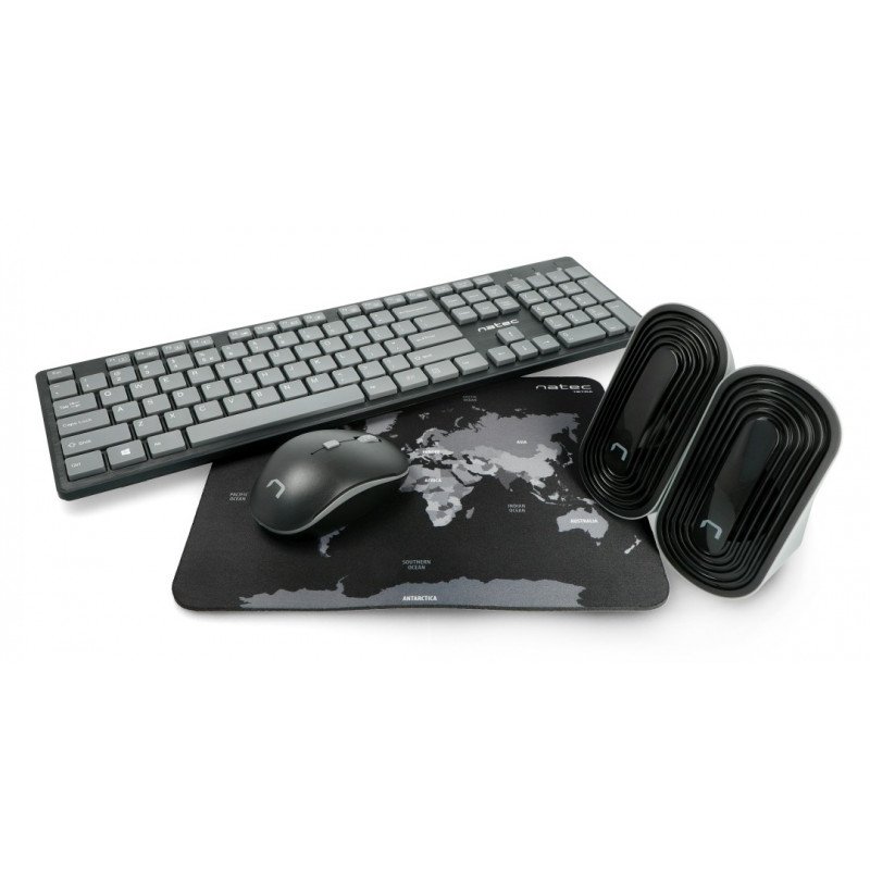 4in1 Natec Tetra Wireless Kit Keyboard + Mouse + Speakers + US pad - black and grey