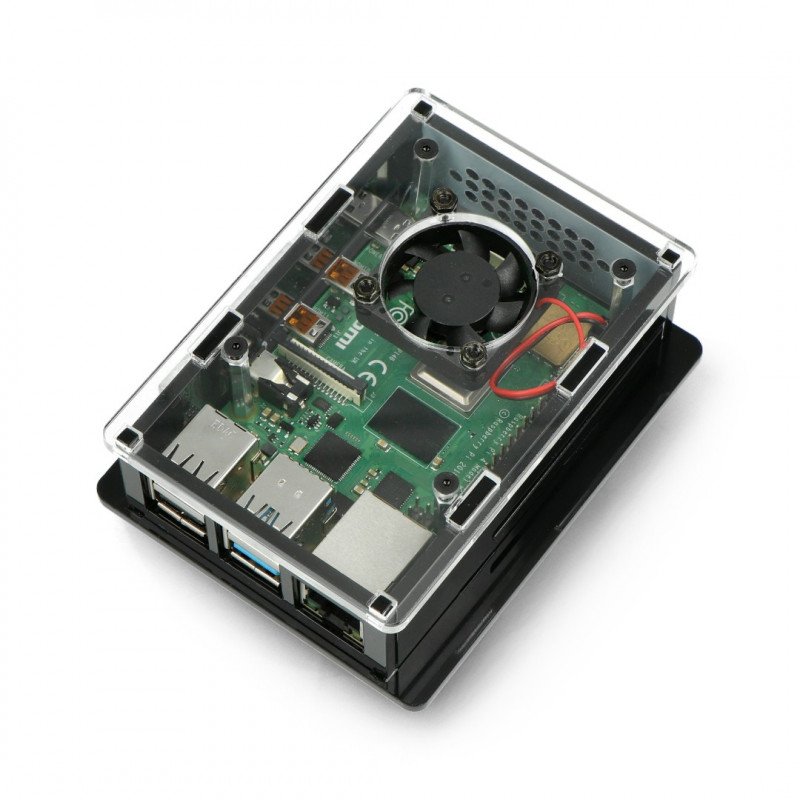 Raspberry Pi 4B box V2 for DIN rail - black and transparent + fan