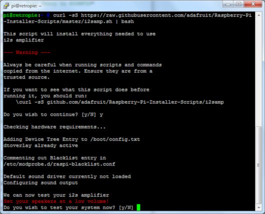 Konsola Raspbian koniguracja wzmacniacza adafruit