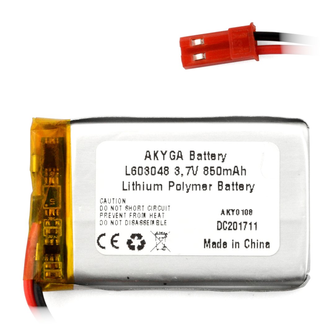 Akumulator Li-Pol Akyga 850mAh 1S 3,7V - złącze JST-BEC + gniazdo