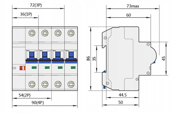 Wymiary rozłączników z serii Tuya RTX ZCB16-1P.