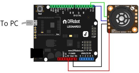 Przykład połączenia czujnika z płytką DFRobot Leonardo - pochodnej Arduino. Płytka nie wchodzi w skład zestawu, można ją kupić osobno w naszym sklepie.