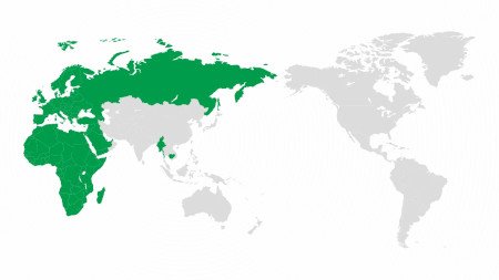 Obsługiwane regiony zostały oznaczone kolorem zielonym.