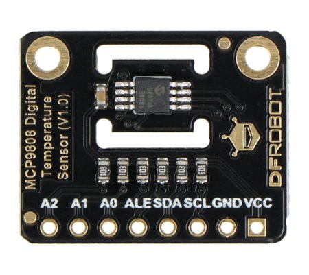 Digital temperature sensor from DFRobot equipped with the MCP9808 system.
