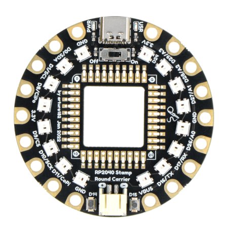 The Stamp Round Carrier plate is equipped with as many as 16 NeoPixels diodes.