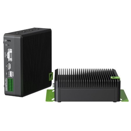Two black reComputer Industrial J4012 Nvidia devices lie on a white background, on the left side one stands vertically and on the right side one stands horizontally.