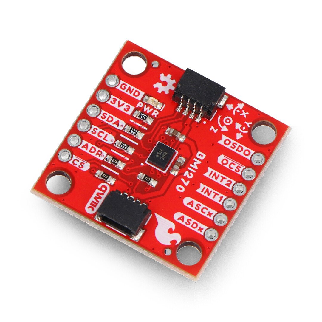 A red sparkfun board with a 3-axis accelerometer and gyroscope lies on a white background.