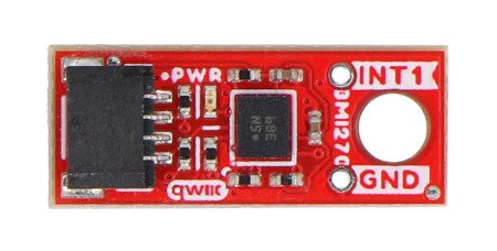 Red sparkfun micro board with accelerometer and gyroscope lies on a white background.