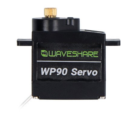 A black servo with a waveshare sticker on it stands on a white background.