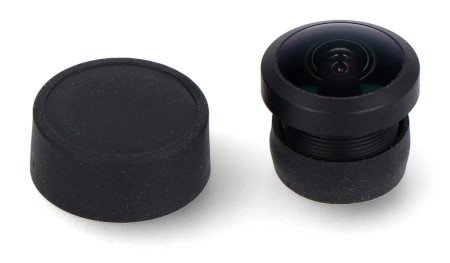 The lens and black cap lie on a white background.