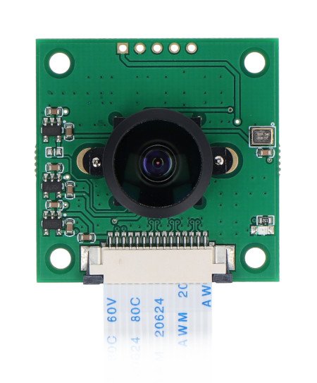 The camera module for raspberry pi lies on a white background.