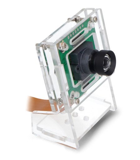 Camera module for Raspberry Pi with a transparent stand-up case stands on a white background.