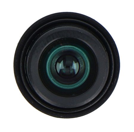 A black lens with a frontal view and a covered shutter lies on a white background.