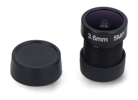A black Arducam camera lens lies on a white background along with a black lid.