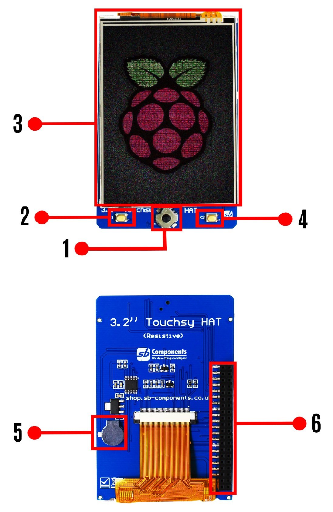 Touchsy HAT - overlay with a 3.2'' LCD touch display 320 x 240 px for Raspberry Pi - SB Components 26418 - arrangement of elements on the board