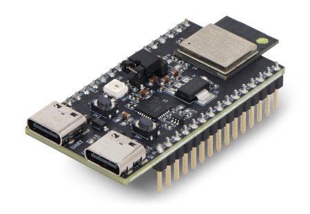 The black ESP32-H2 development board lies on a white background with pins mounted.