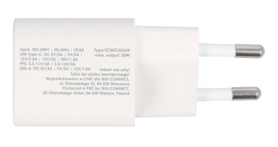 USB A USB C power supply - 5 V - 20 V / 1.5 A - 3 A - white - eXtreme TC30CUGAN
