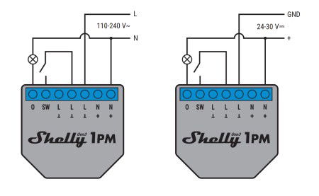 Shelly 1PM Gen3 - 1x relay AC 110 - 240 V, DC 24 - 30 V, WiFi 16 A - energy measurement - Android / iOS application