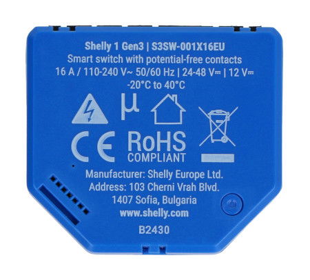 Shelly 1 Gen3 - Relay 12V/24V - 48V DC/240V AC WiFi/Bluetooth 16A - Android/iOS App