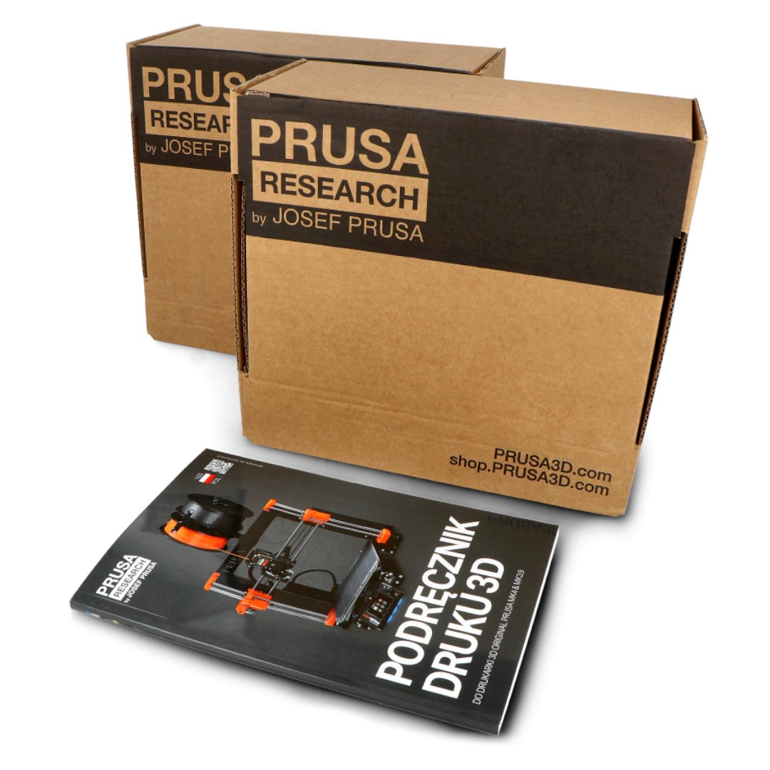 The Prusa Mk3.5 self-assembly modernization kit lies in a box with a manual on a white background.