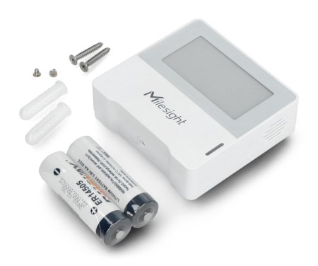 The white Milesight air quality sensor lies on a white background along with the kit components.