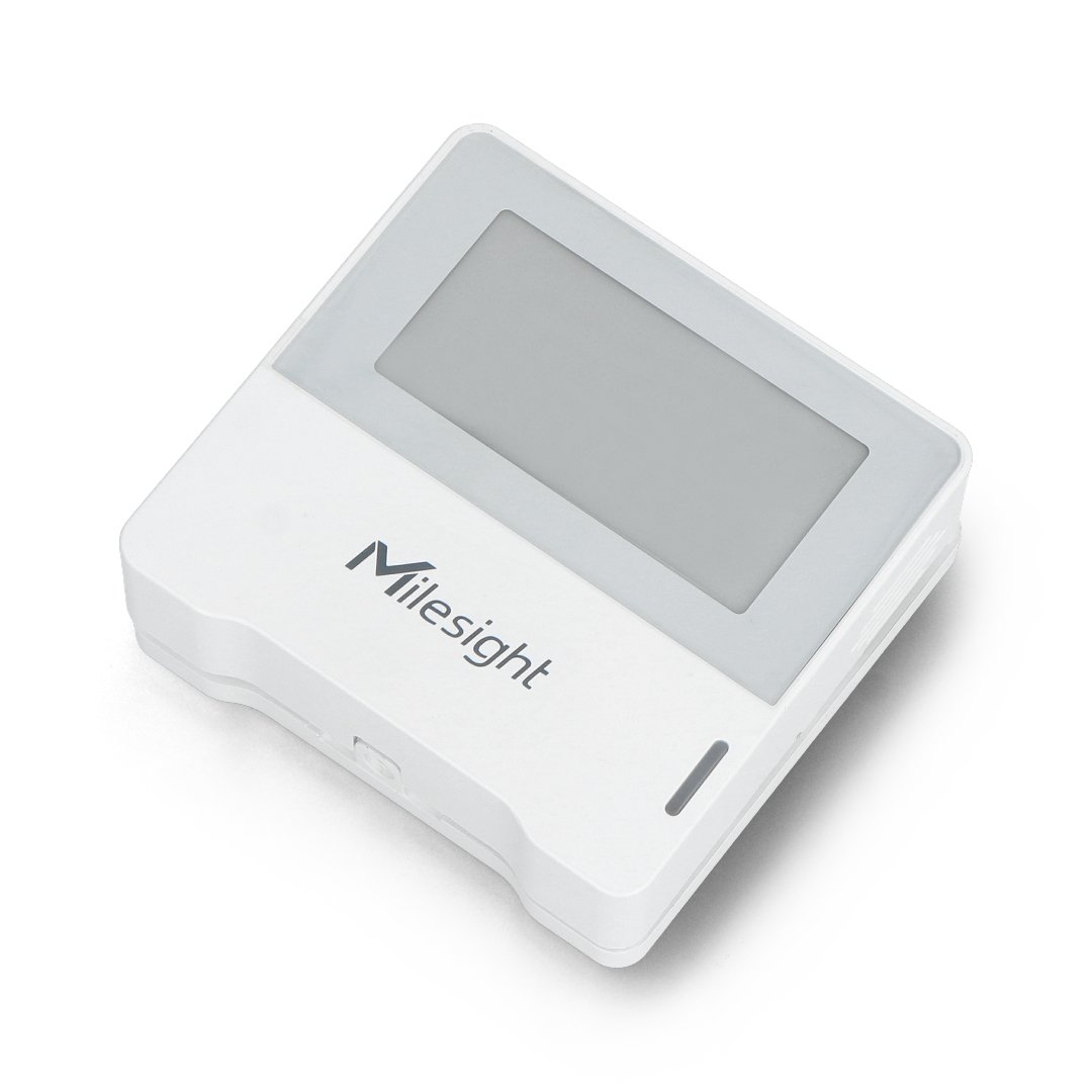 The Milesight AM103 air quality sensor lies on a white background.