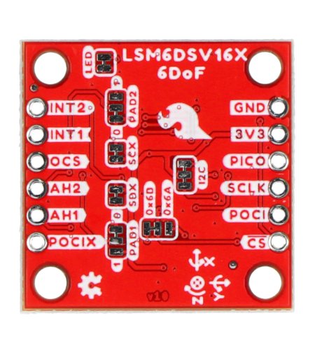 The red IMU sensor module lies upside down on a white background.