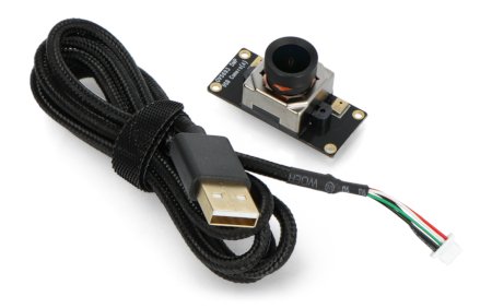 The ov5693 usb camera module lies on a white background along with the cable included in the kit.
