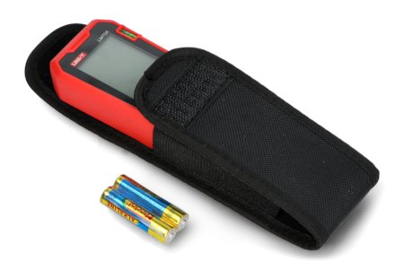 A red-black laser rangefinder in a case lies on a white background along with two batteries.