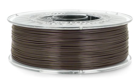 A spool of brown filament lies on a white background.