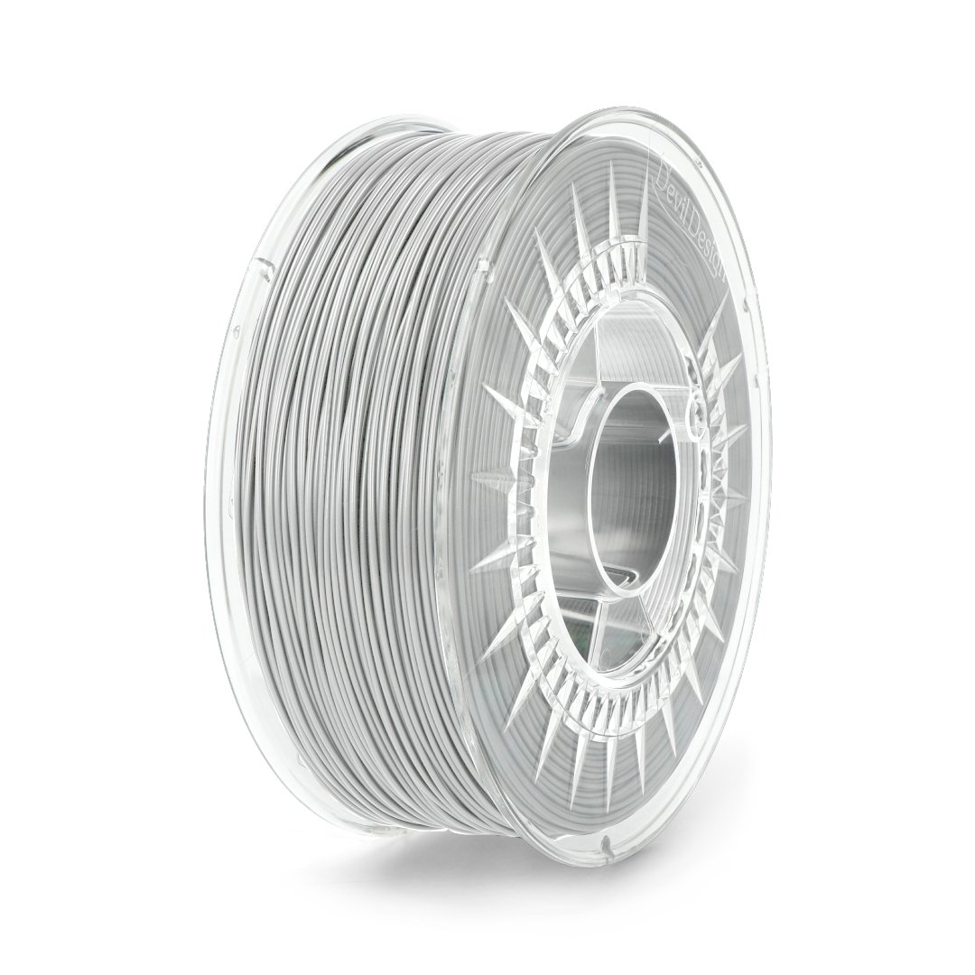 A spool with light gray filament stands on a white background.