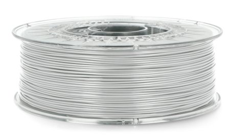 A spool of gray filament lies on a white background.