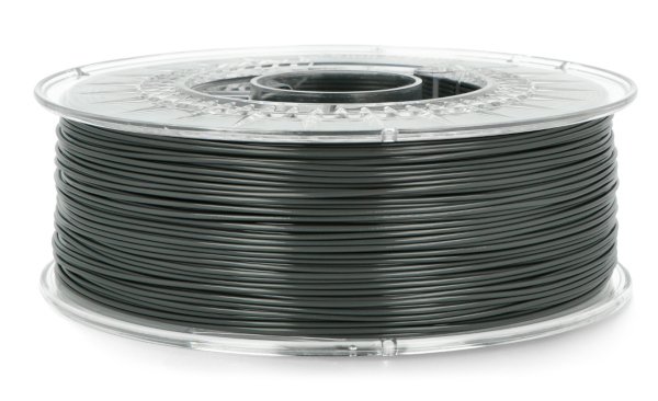 A spool of dark gray filament lies on a white background.