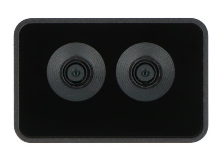 A Luxonis image recognition device in black lies on a white background.