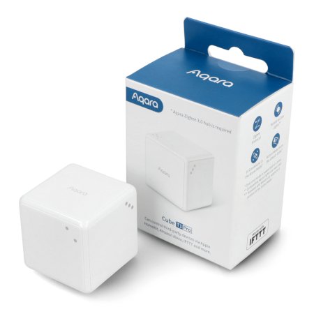 The white Aqara control cube lies on a white background along with the box.