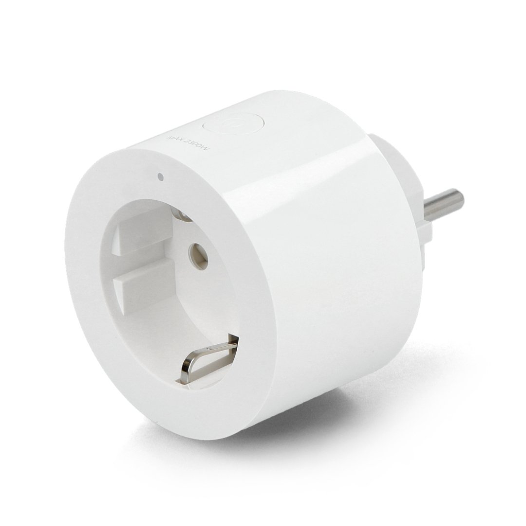 A white and smart electrical socket lies on a white background.