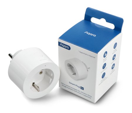 A white and smart electrical socket lies on a white background along with a box.