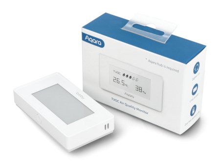 A white air quality sensor with display lies on a white background together with a box.