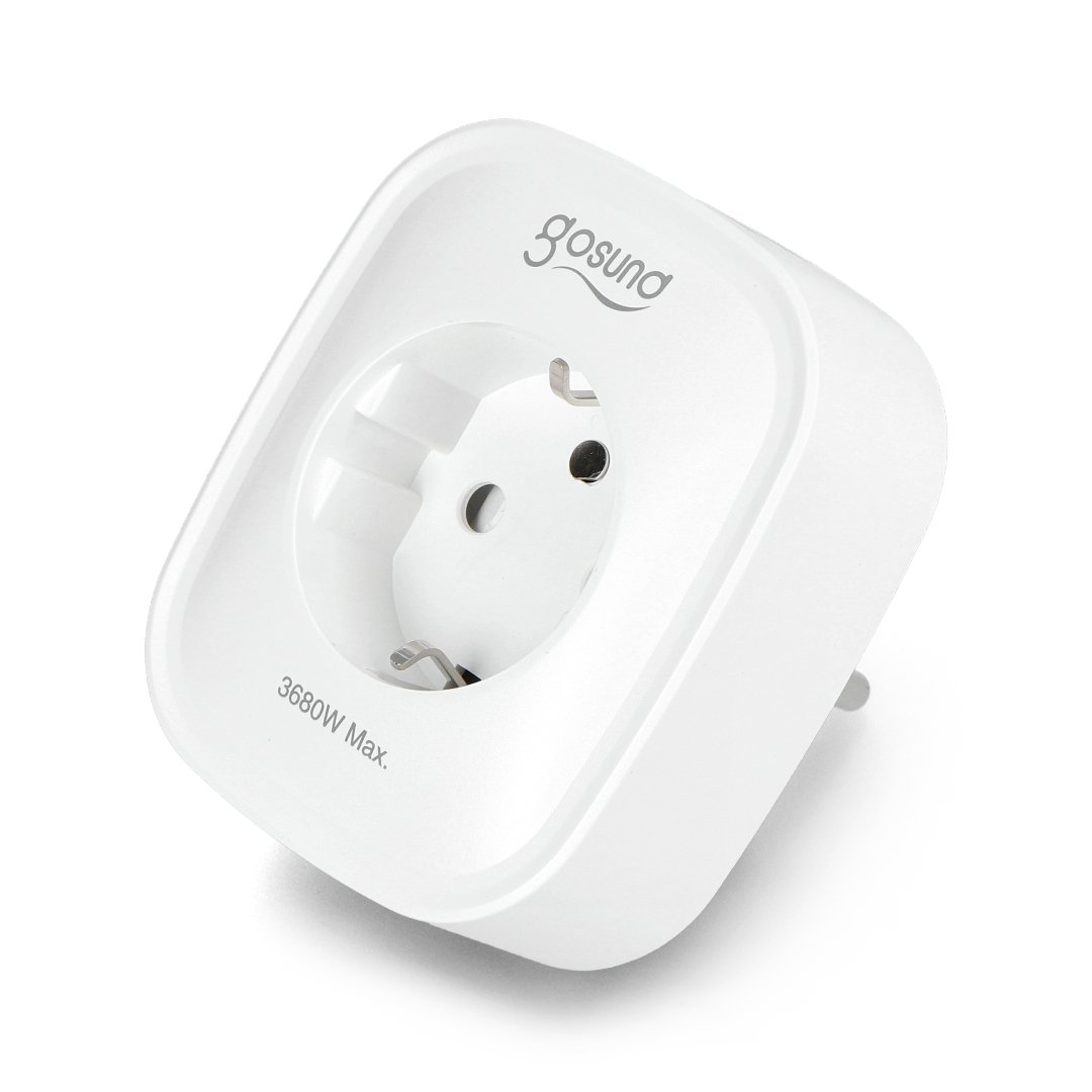 The white and smart Gosund socket lies on a white background.