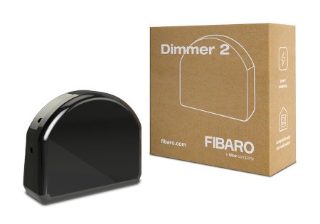 The Fibaro intelligent light intensity module in a black housing lies on a white background with a box.