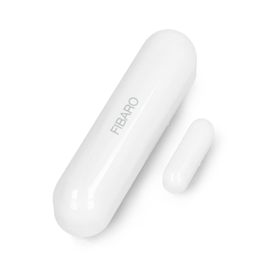 The white Fibaro door and window opening sensor lies on a white background.