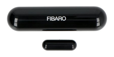 The black intelligent fibaro door and window opening sensor lies on a white background.